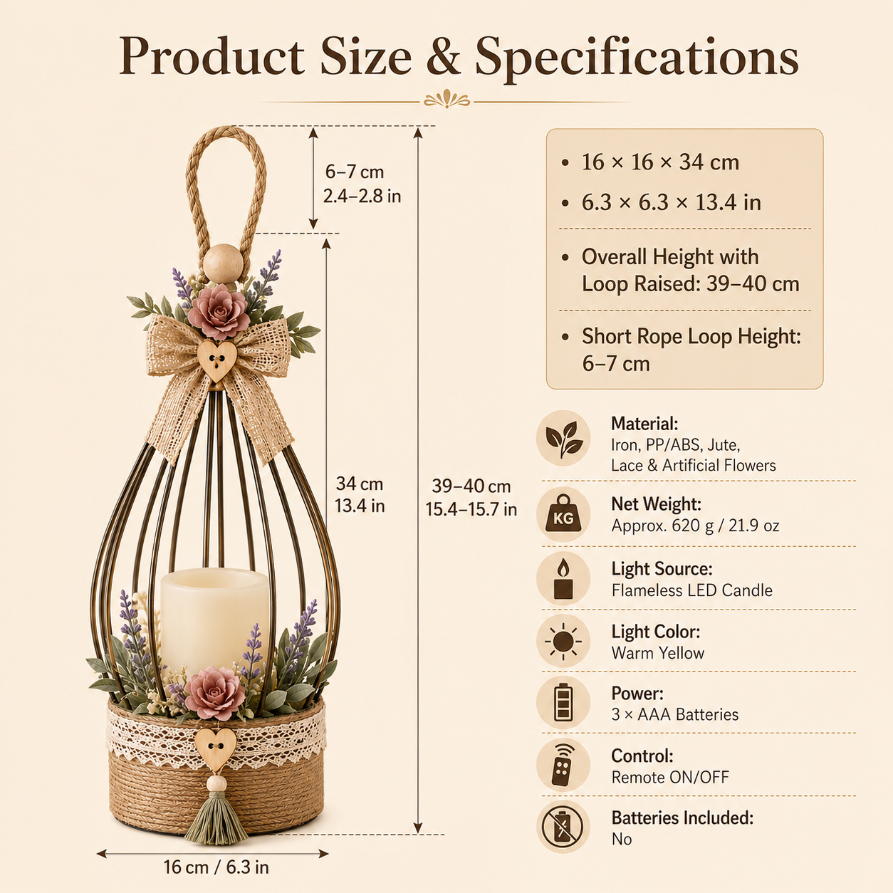 Boho Floral Hanging Flameless LED Lantern