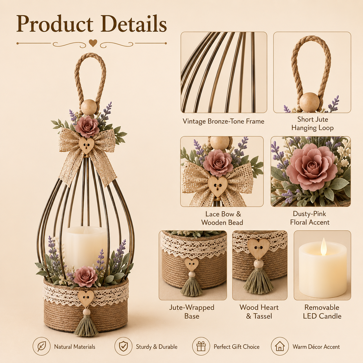 Boho Floral Hanging Flameless LED Lantern
