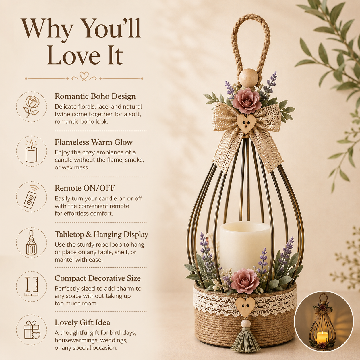 Boho Floral Hanging Flameless LED Lantern