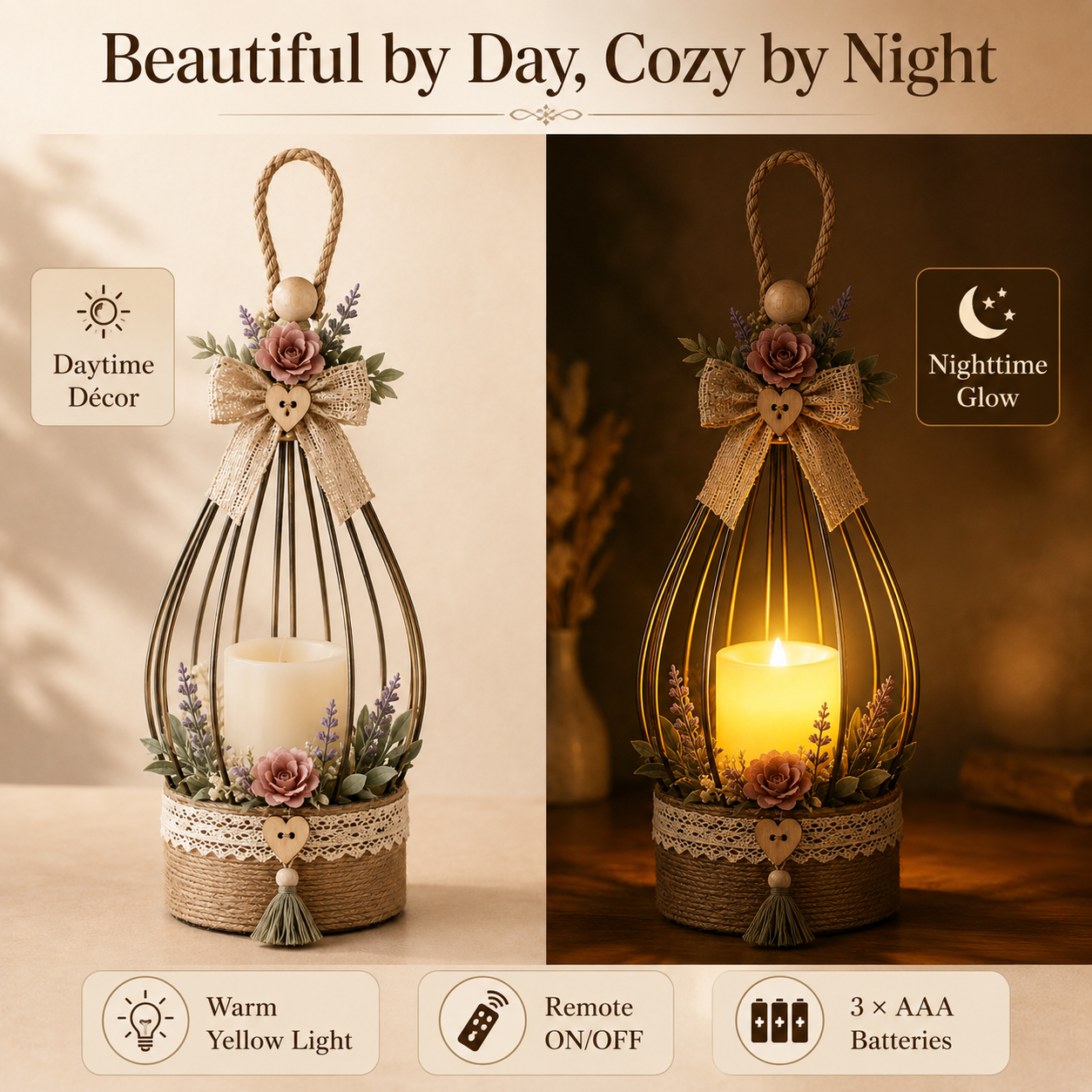 Boho Floral Hanging Flameless LED Lantern