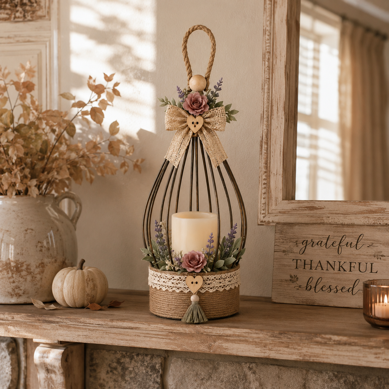 Boho Floral Hanging Flameless LED Lantern