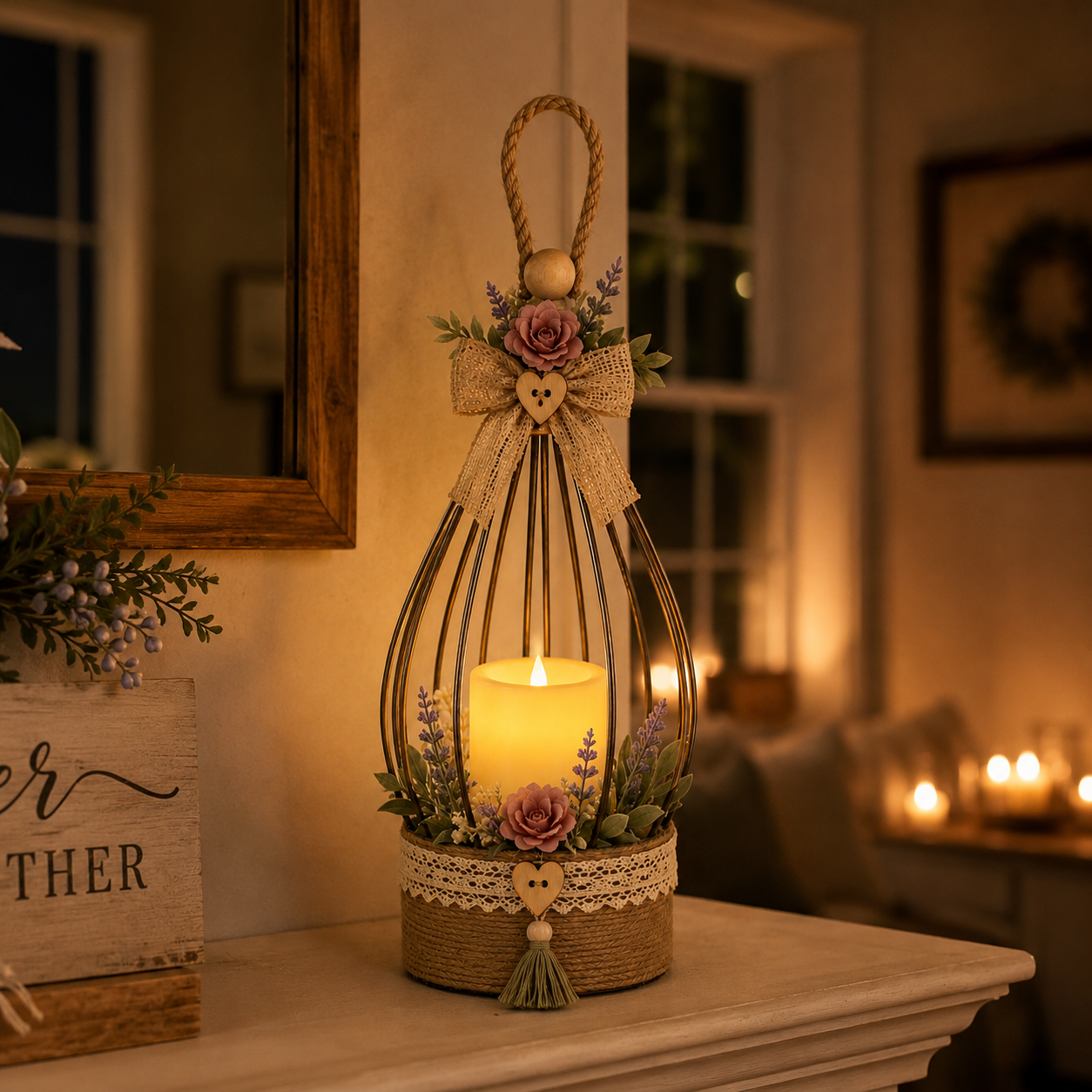 Boho Floral Hanging Flameless LED Lantern