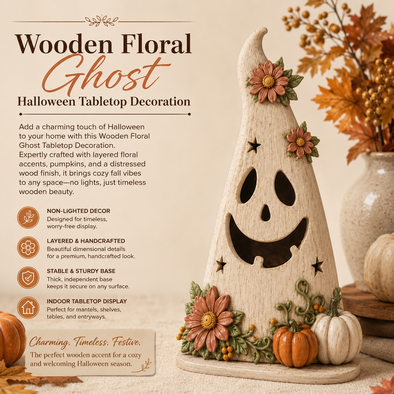 Wooden Floral Ghost Halloween Tabletop Decoration