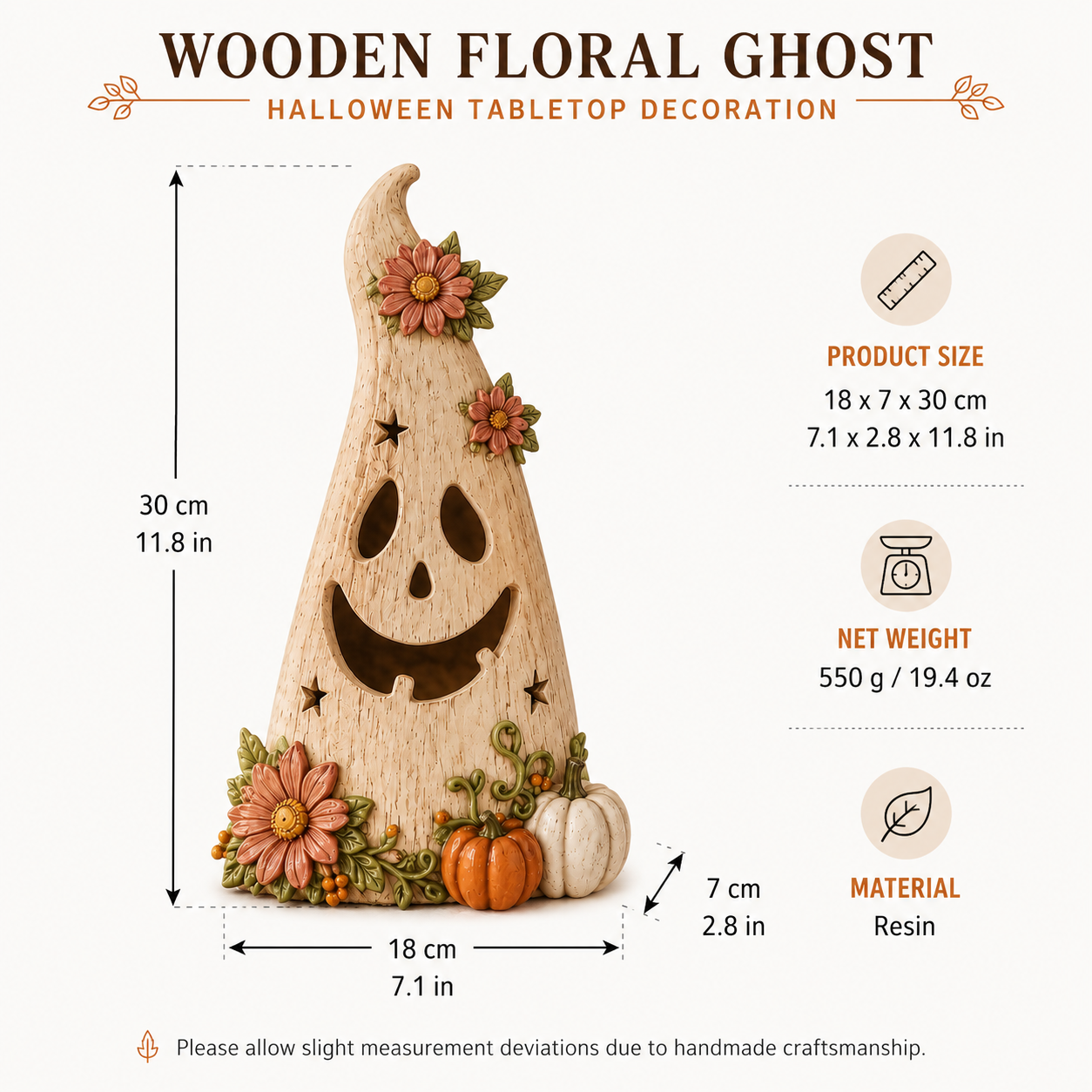 Wooden Floral Ghost Halloween Tabletop Decoration