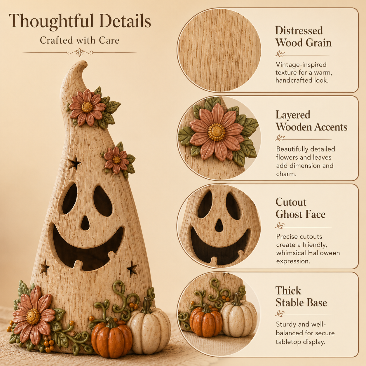 Wooden Floral Ghost Halloween Tabletop Decoration