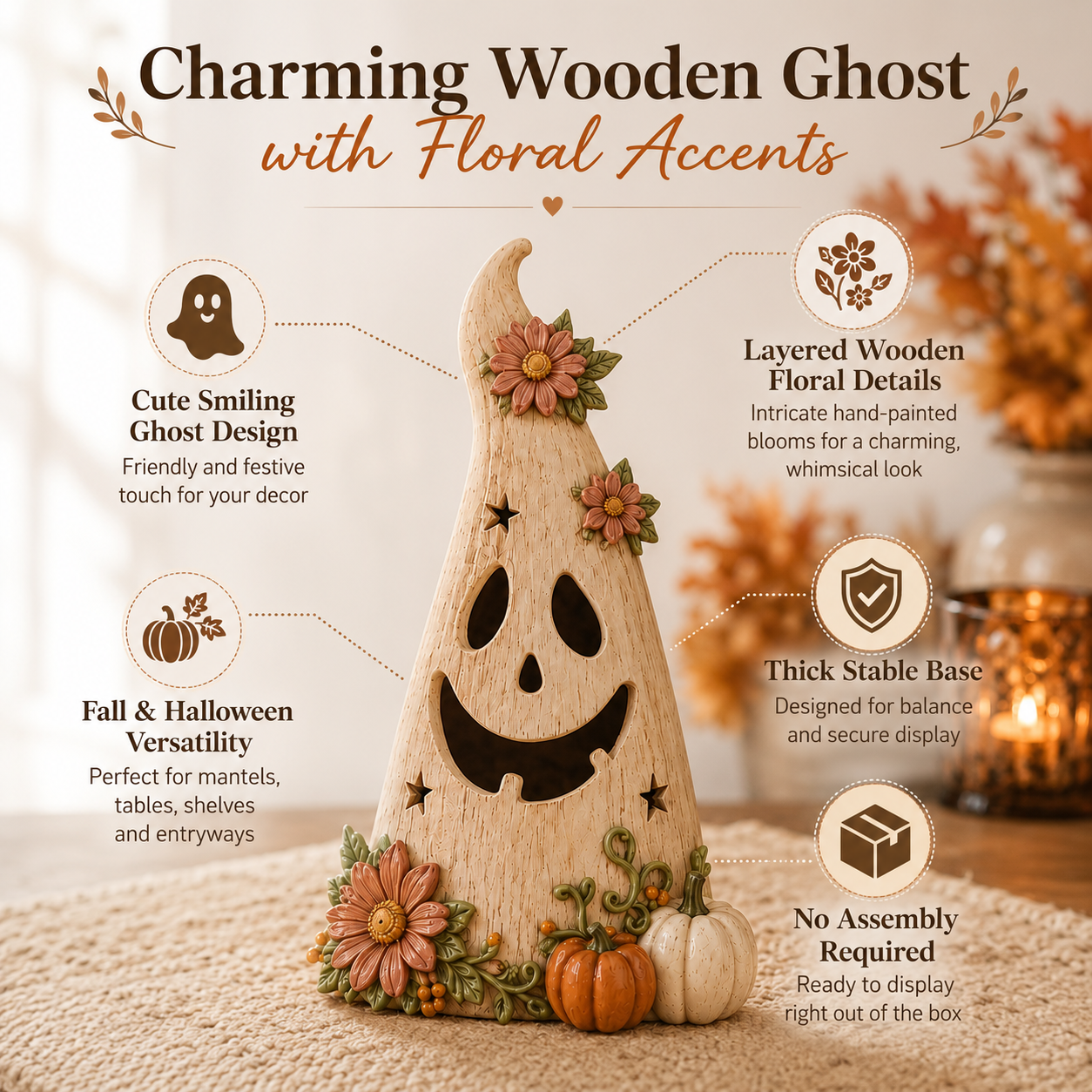 Wooden Floral Ghost Halloween Tabletop Decoration