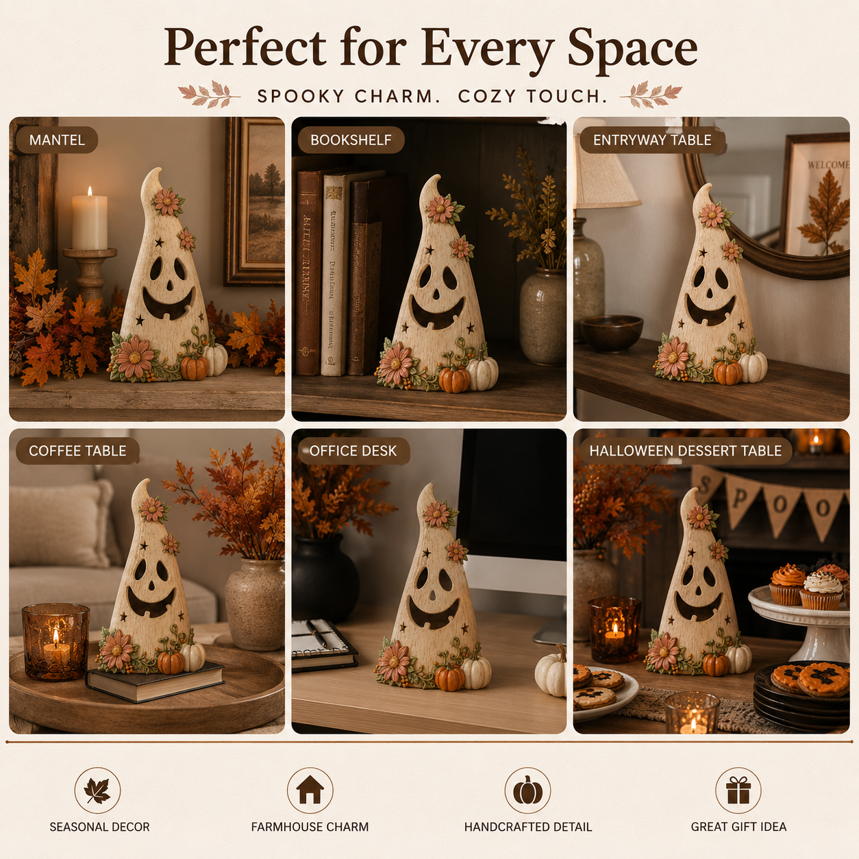 Wooden Floral Ghost Halloween Tabletop Decoration