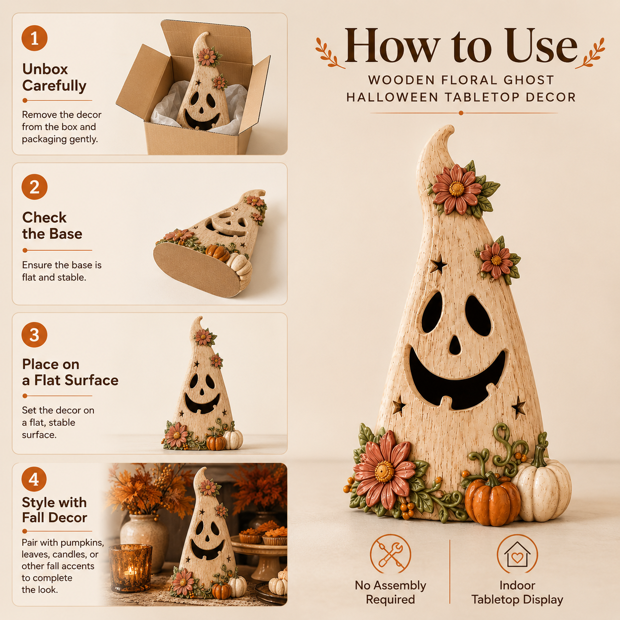 Wooden Floral Ghost Halloween Tabletop Decoration