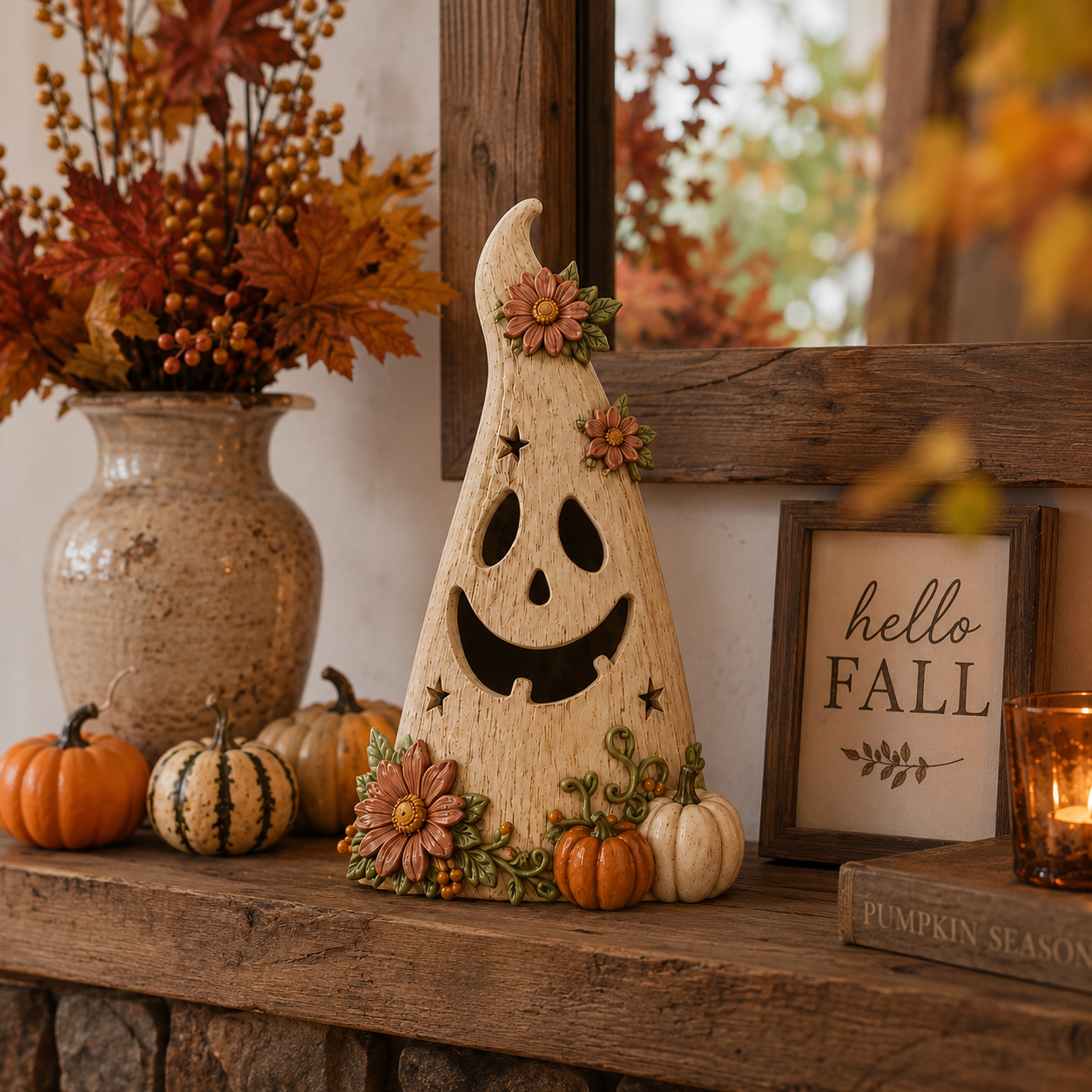 Wooden Floral Ghost Halloween Tabletop Decoration