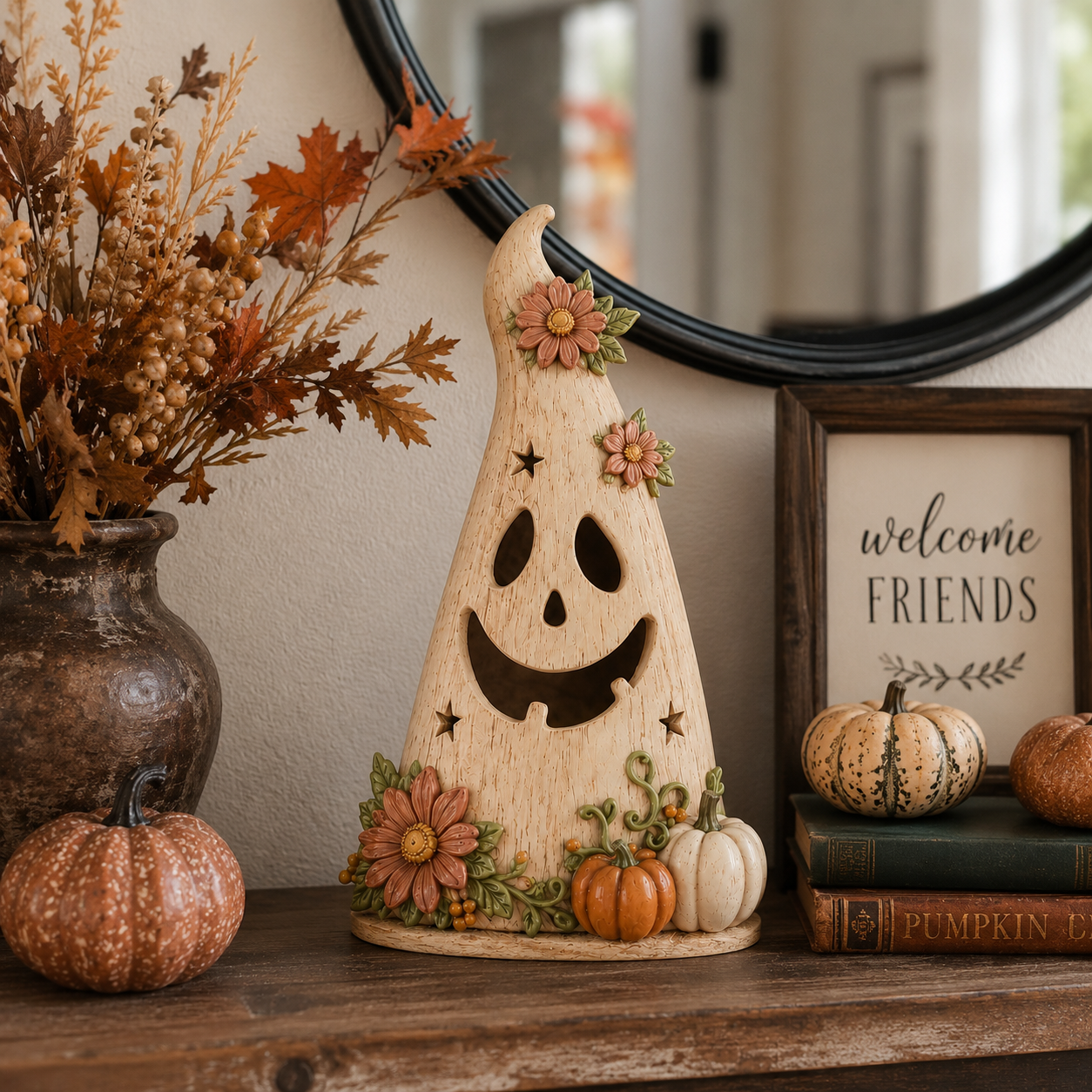 Wooden Floral Ghost Halloween Tabletop Decoration