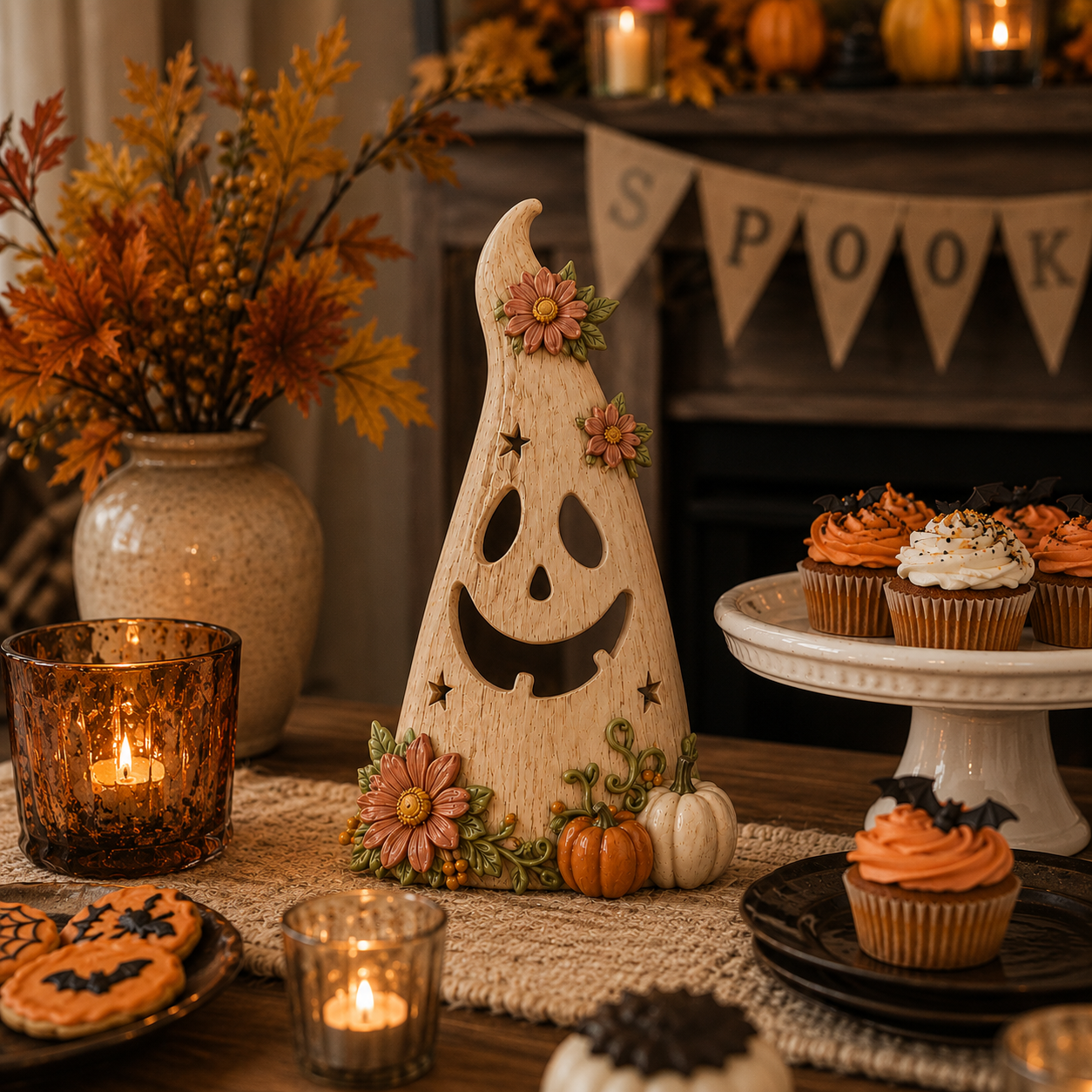 Wooden Floral Ghost Halloween Tabletop Decoration