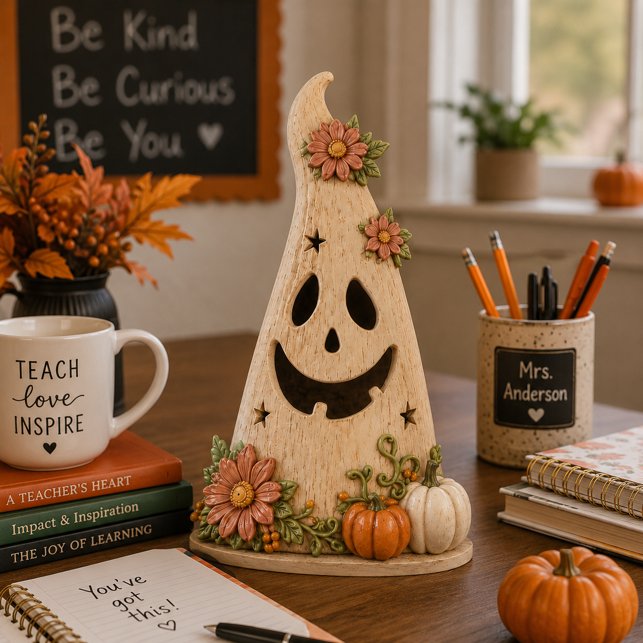 Wooden Floral Ghost Halloween Tabletop Decoration
