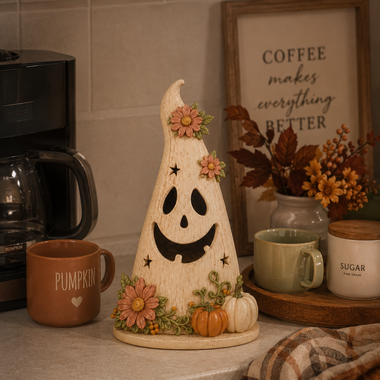Wooden Floral Ghost Halloween Tabletop Decoration