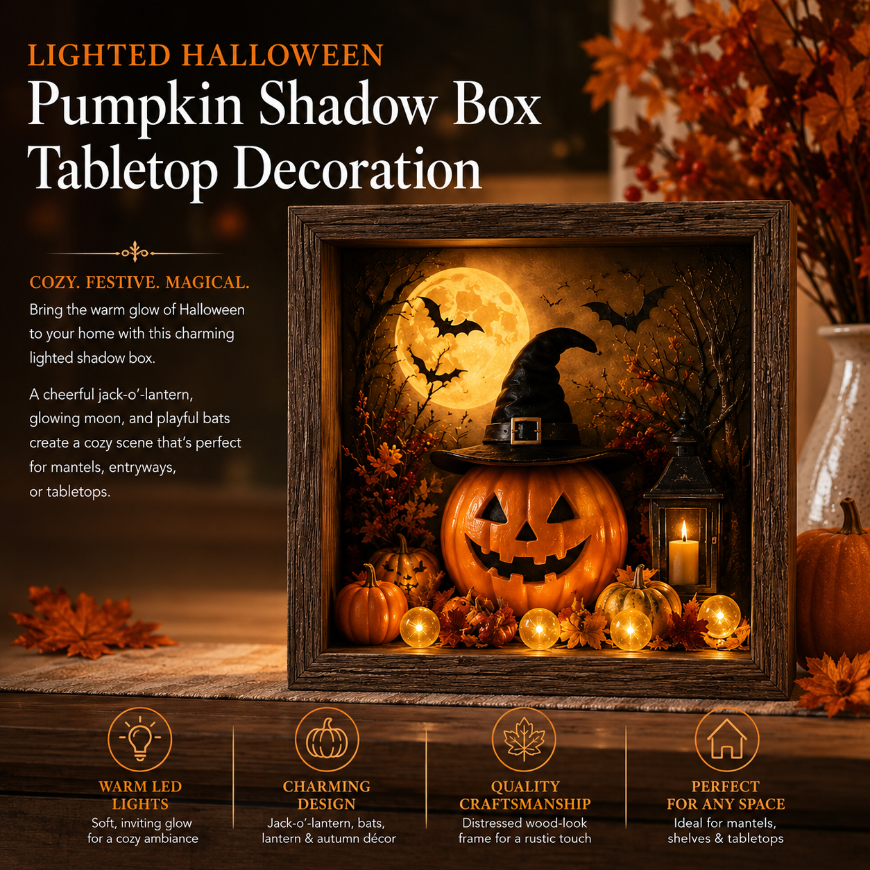 Lighted Halloween Pumpkin Shadow Box Tabletop Decoration
