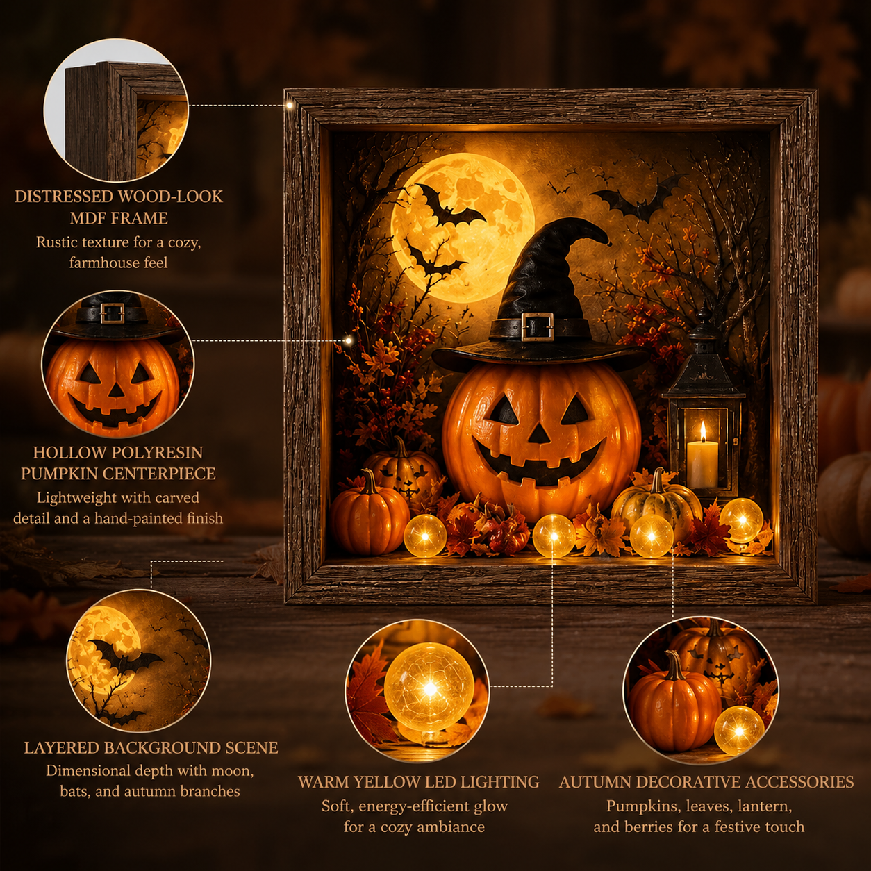 Lighted Halloween Pumpkin Shadow Box Tabletop Decoration