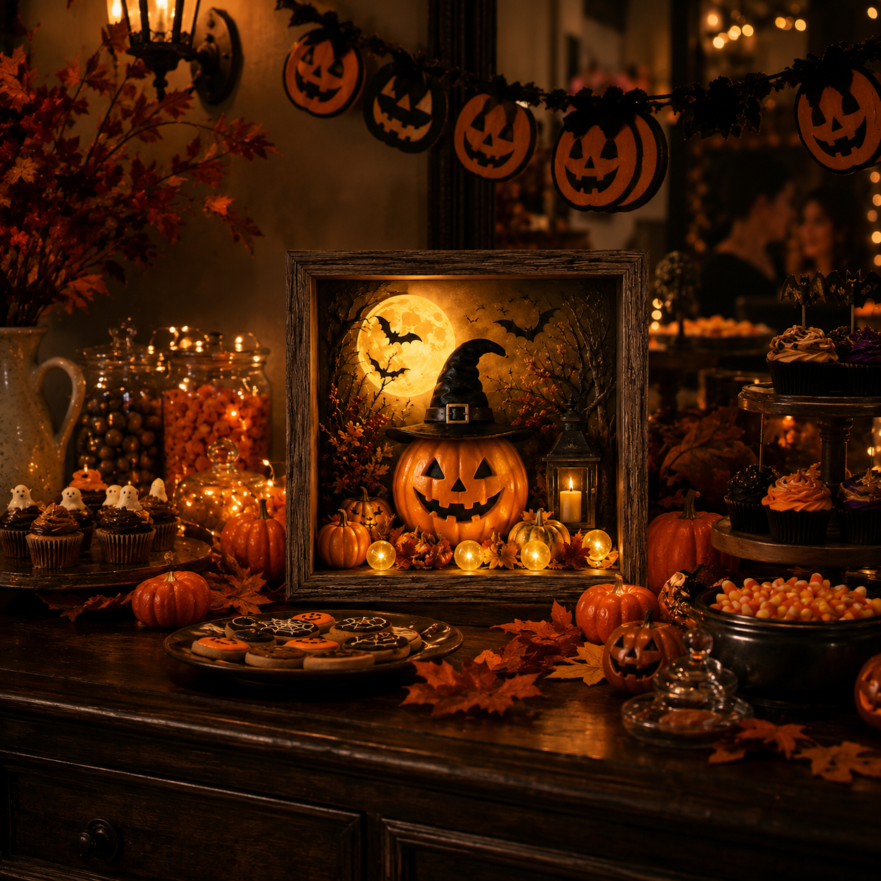Lighted Halloween Pumpkin Shadow Box Tabletop Decoration