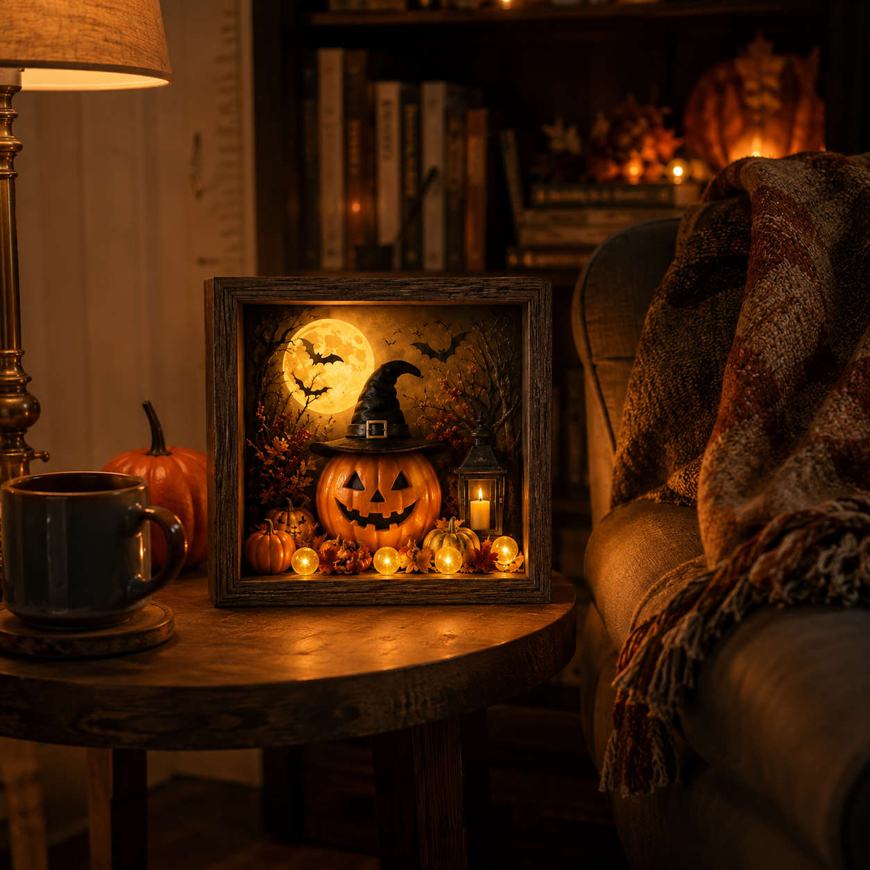 Lighted Halloween Pumpkin Shadow Box Tabletop Decoration