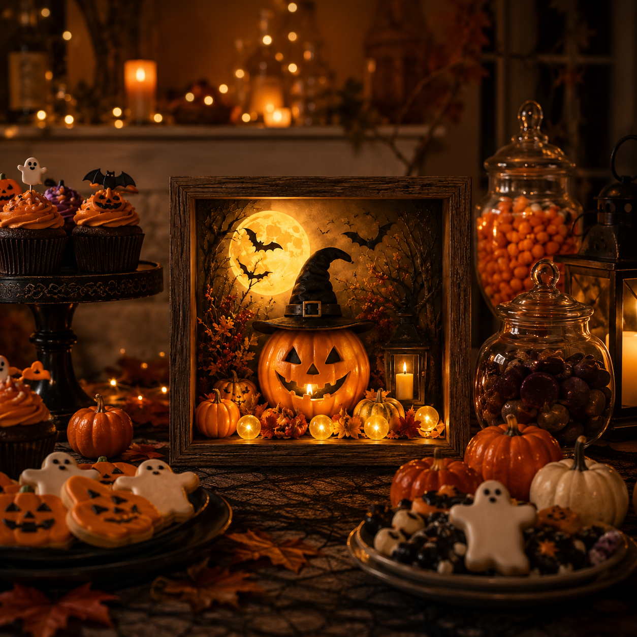Lighted Halloween Pumpkin Shadow Box Tabletop Decoration