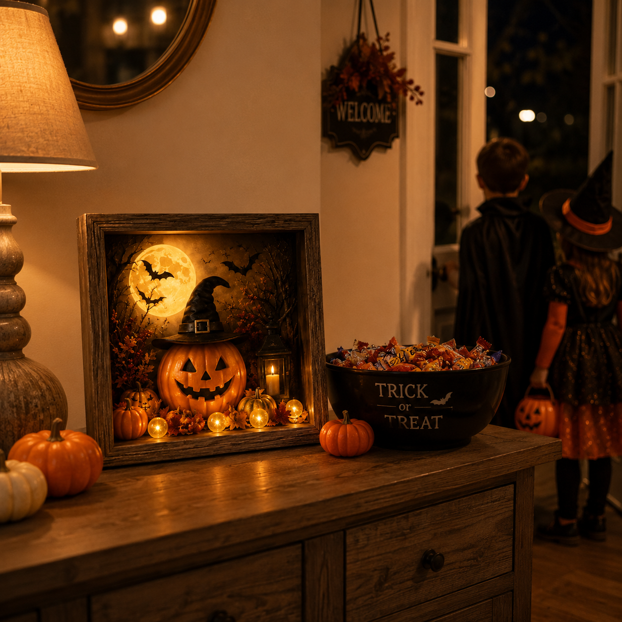 Lighted Halloween Pumpkin Shadow Box Tabletop Decoration