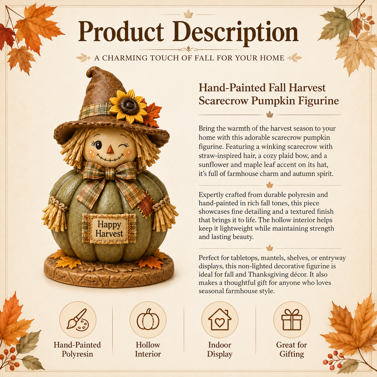 Fall Harvest Scarecrow Pumpkin Figurine