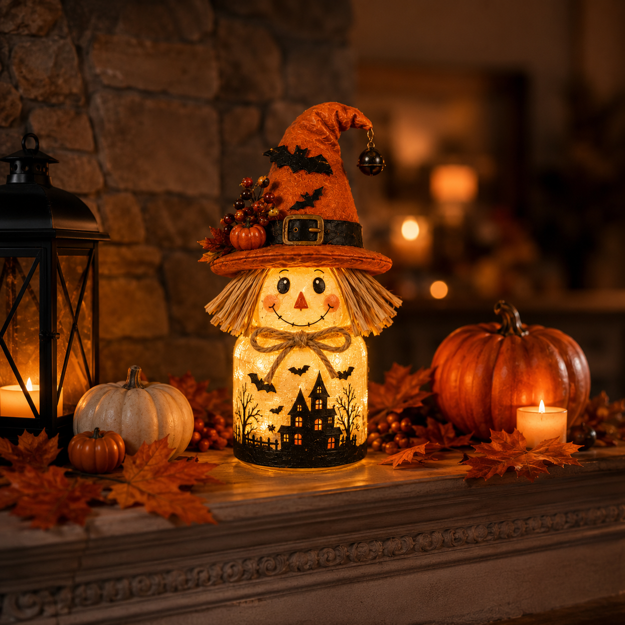 Harvest Glow Scarecrow Witch Jar Decor