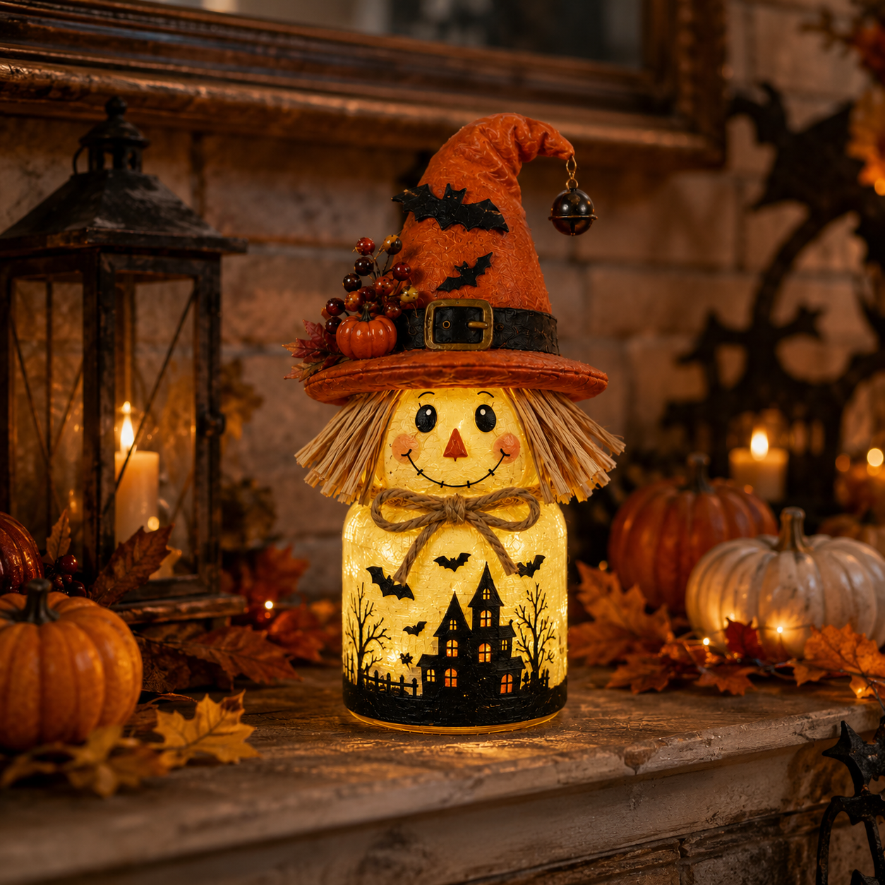Harvest Glow Scarecrow Witch Jar Decor