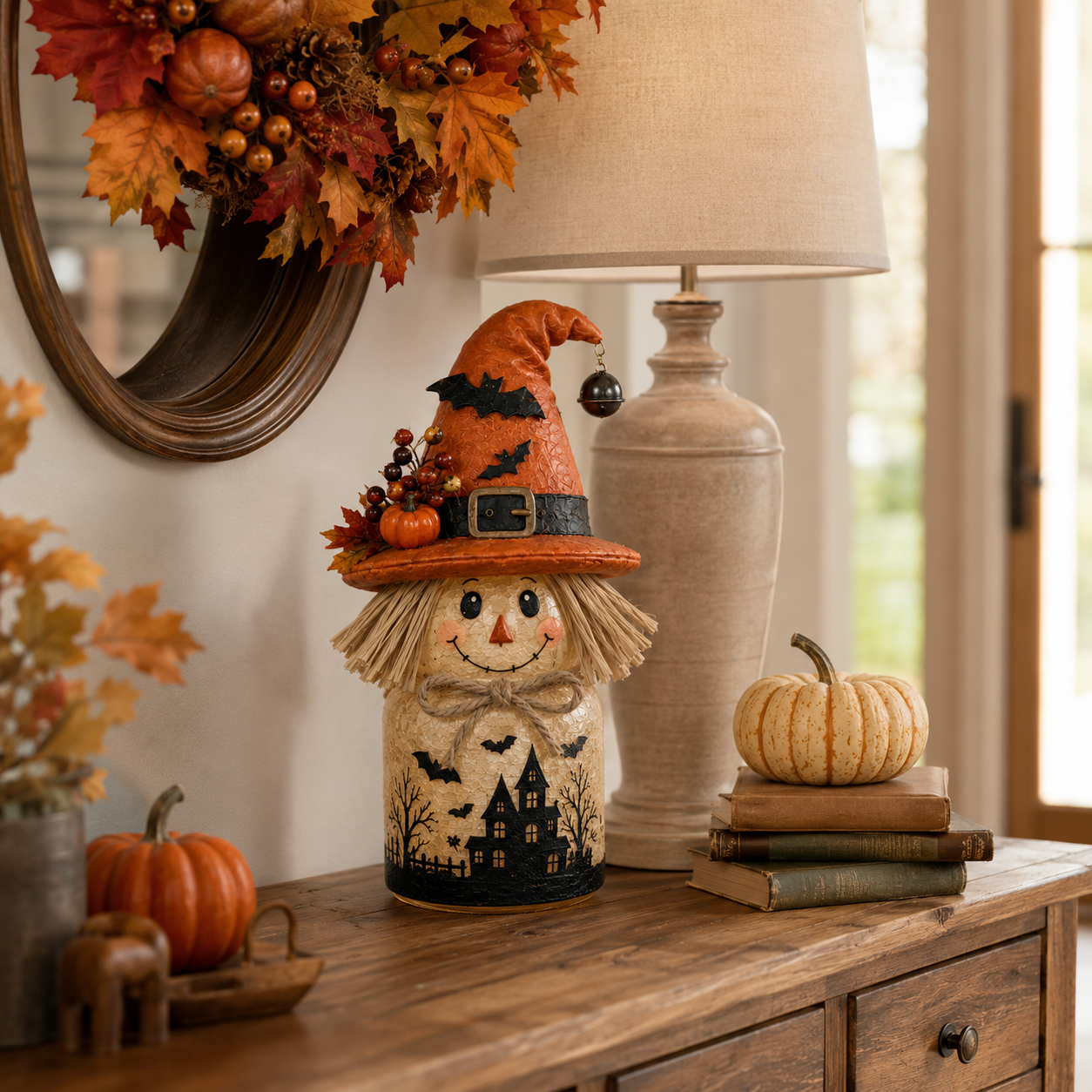 Harvest Glow Scarecrow Witch Jar Decor