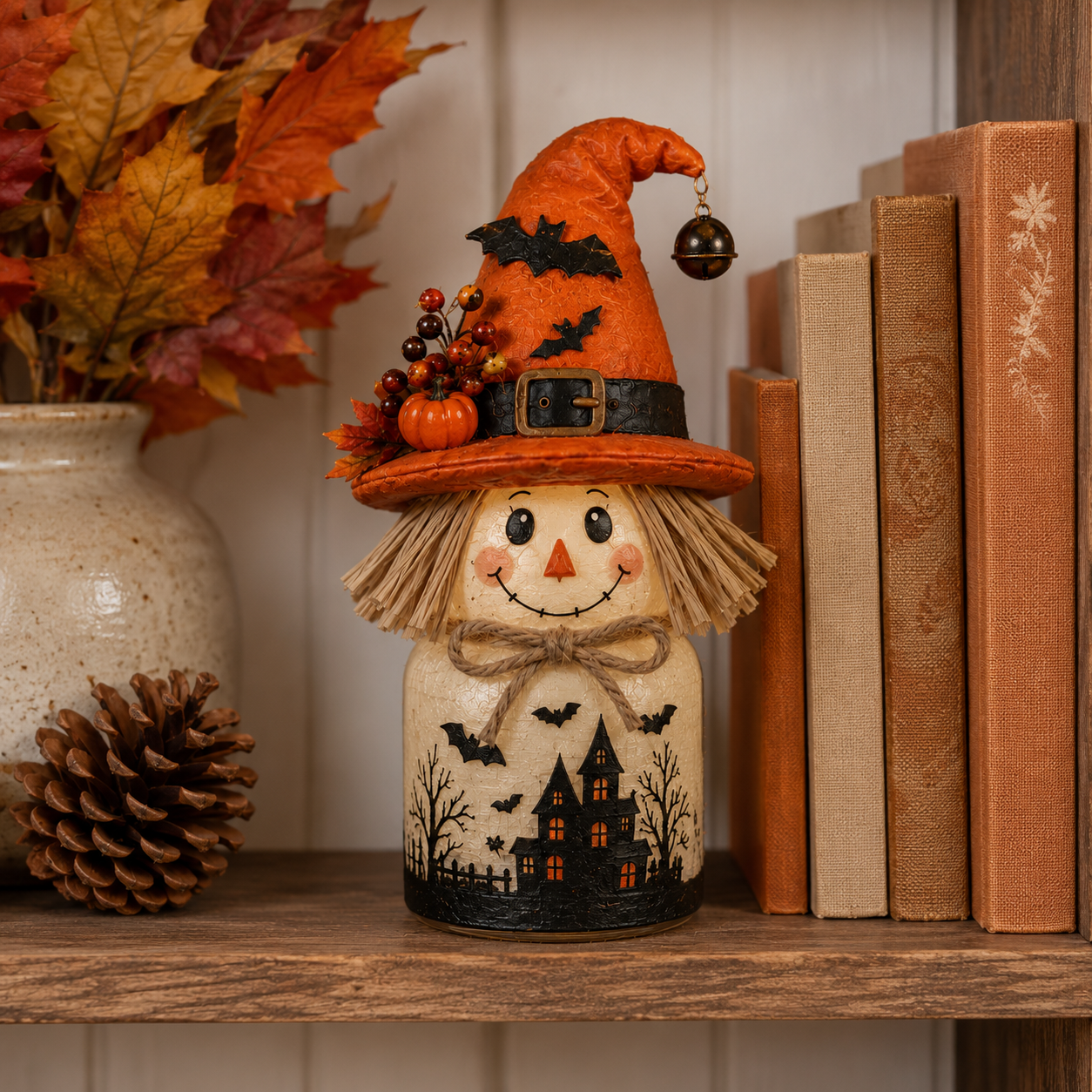 Harvest Glow Scarecrow Witch Jar Decor