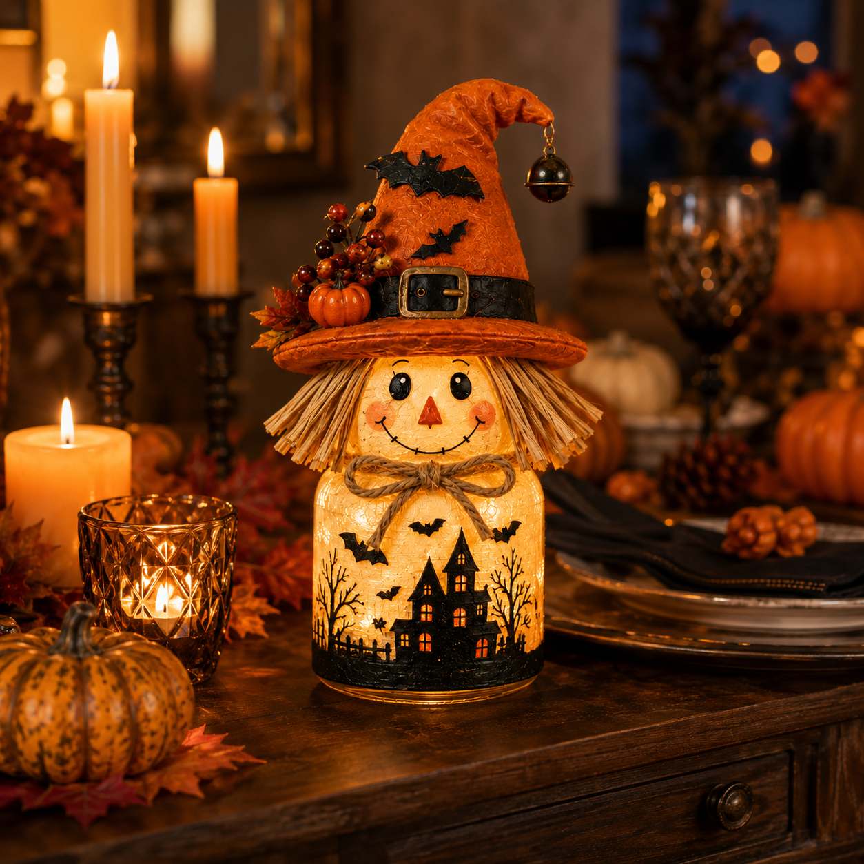 Harvest Glow Scarecrow Witch Jar Decor