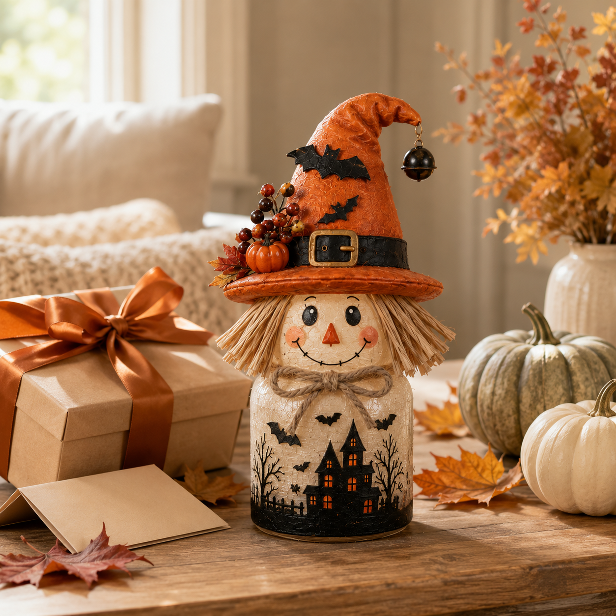 Harvest Glow Scarecrow Witch Jar Decor