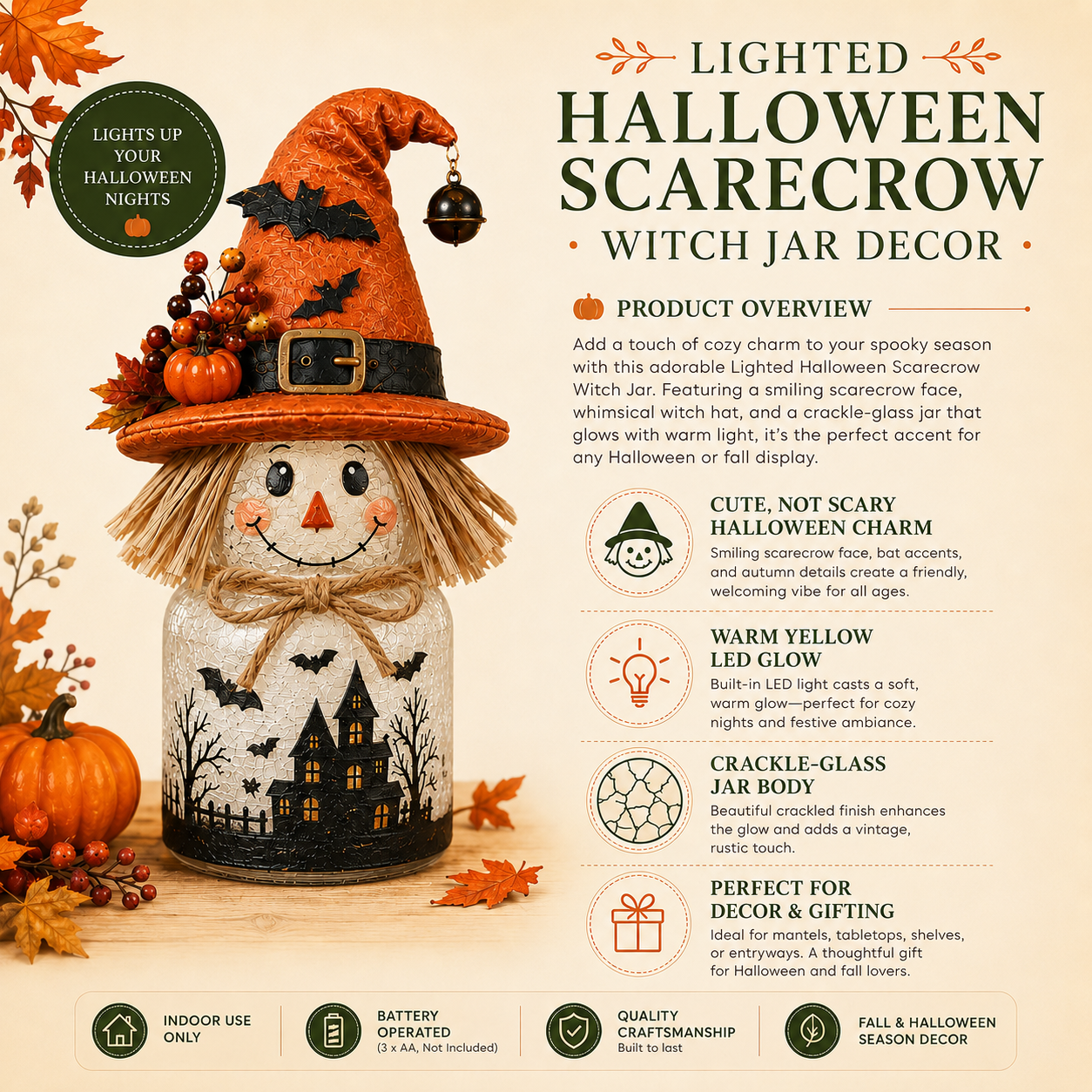 Harvest Glow Scarecrow Witch Jar Decor