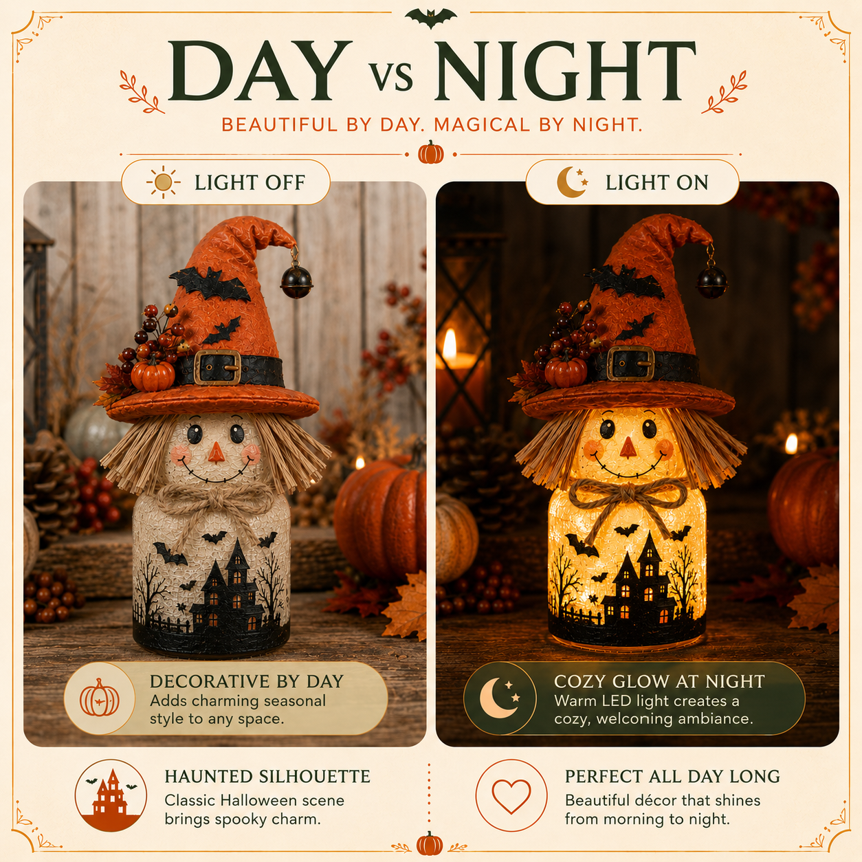 Harvest Glow Scarecrow Witch Jar Decor