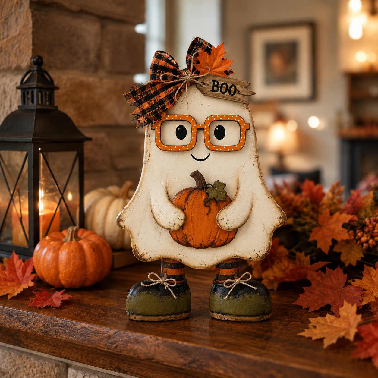 Vintage Pumpkin-Hugging Ghost Tabletop Decor