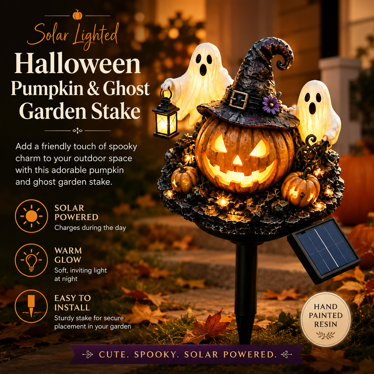 Solar Lighted Halloween Pumpkin & Ghost Garden Stake