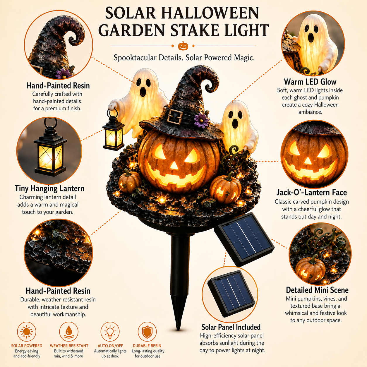 Solar Lighted Halloween Pumpkin & Ghost Garden Stake