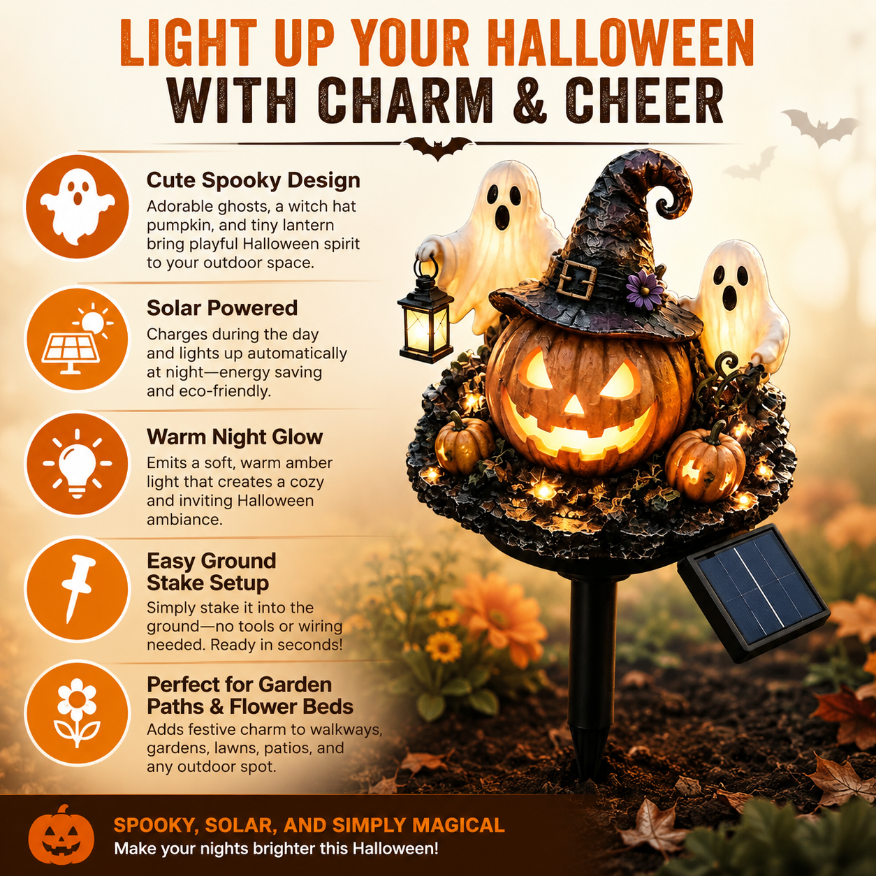 Solar Lighted Halloween Pumpkin & Ghost Garden Stake