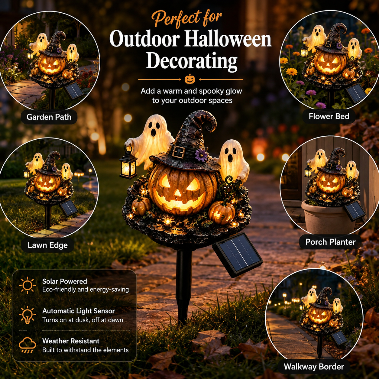 Solar Lighted Halloween Pumpkin & Ghost Garden Stake