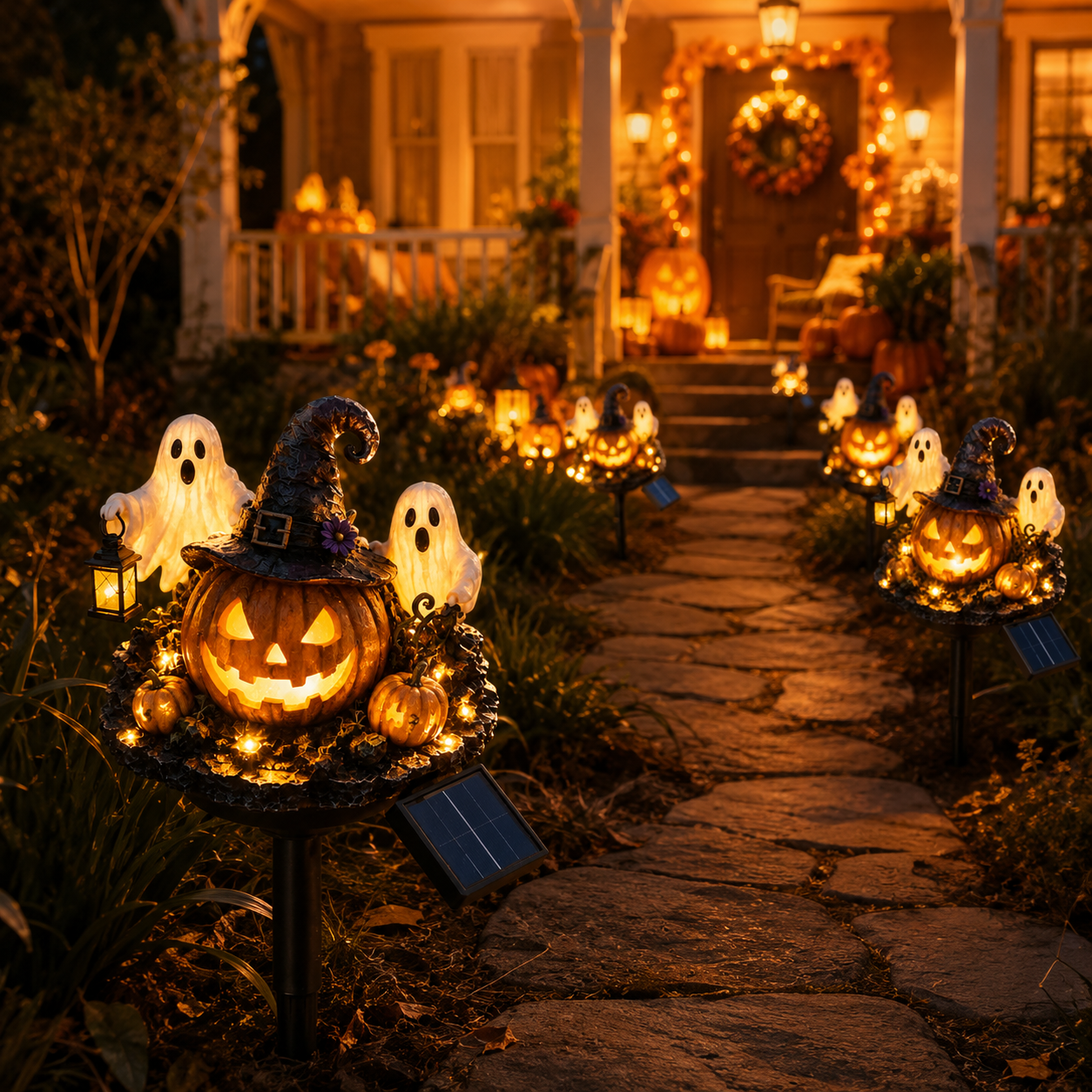 Solar Lighted Halloween Pumpkin & Ghost Garden Stake