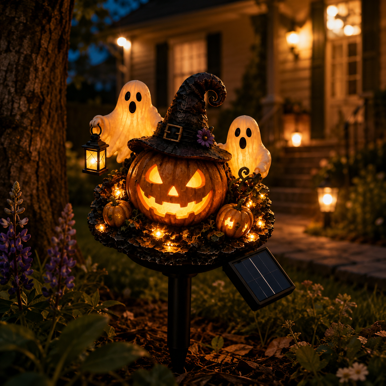 Solar Lighted Halloween Pumpkin & Ghost Garden Stake