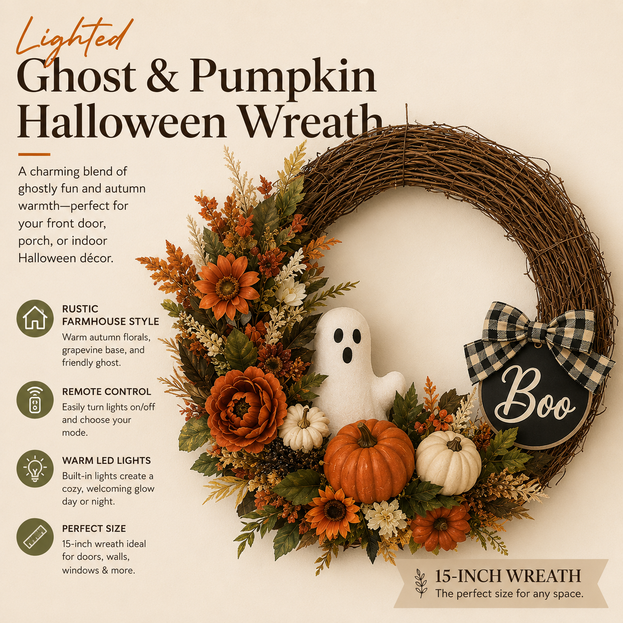 Lighted Ghost & Pumpkin Halloween Wreath