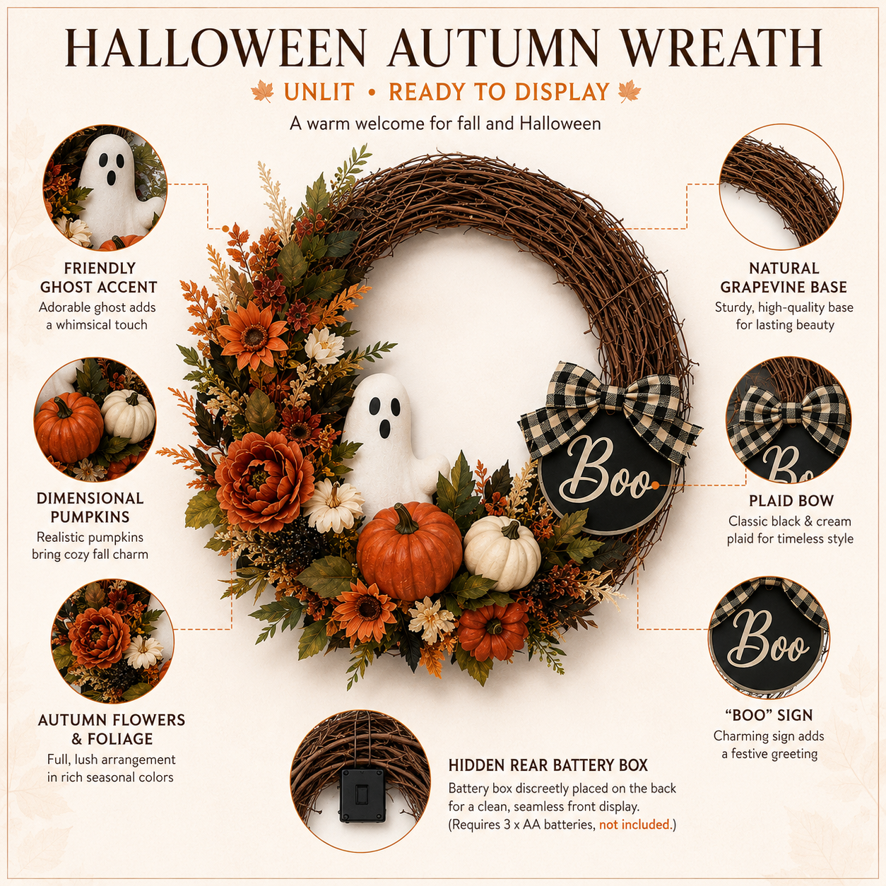 Lighted Ghost & Pumpkin Halloween Wreath