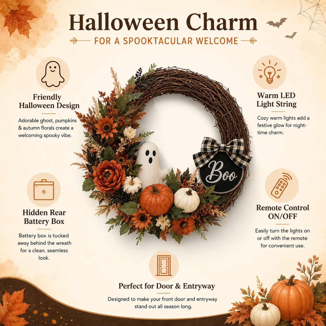 Lighted Ghost & Pumpkin Halloween Wreath