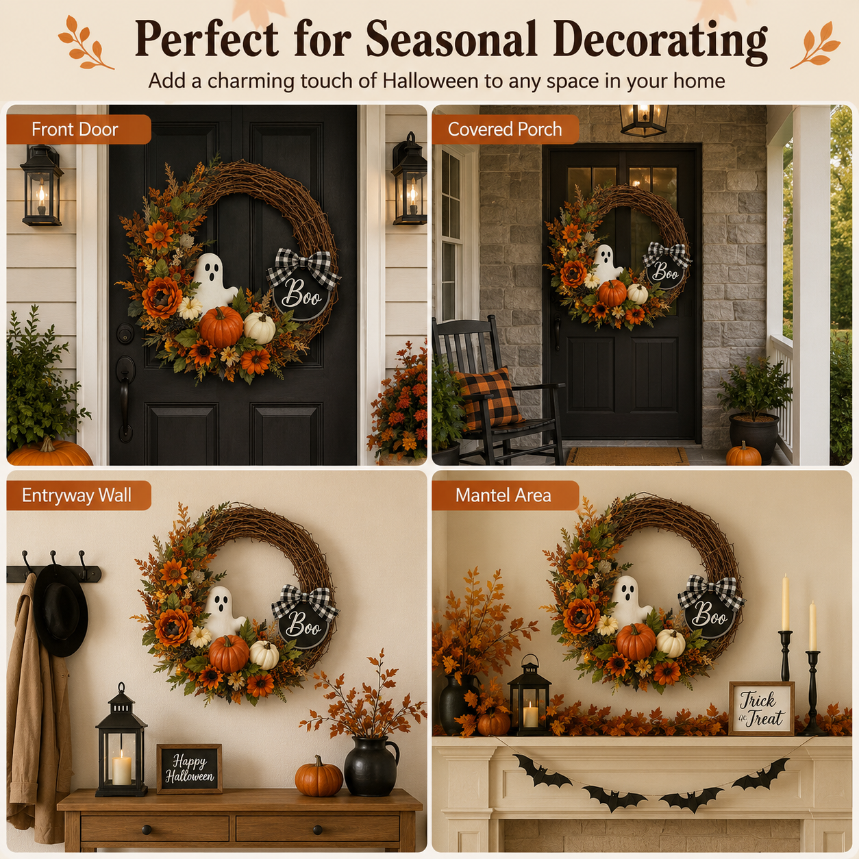 Lighted Ghost & Pumpkin Halloween Wreath