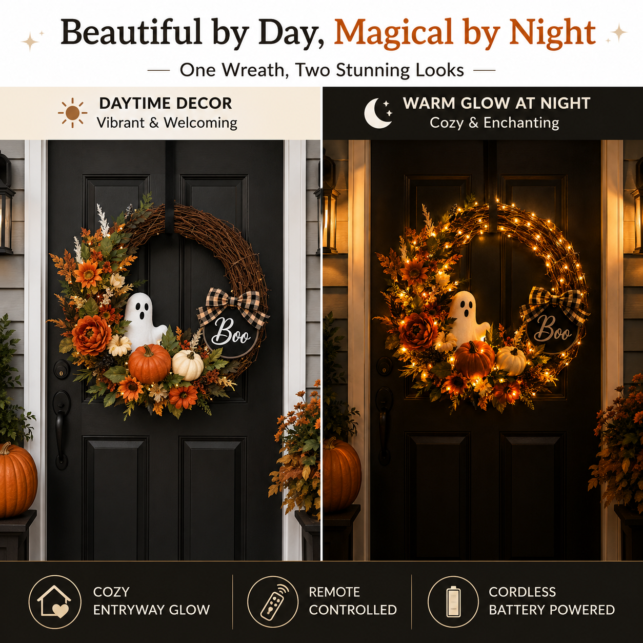Lighted Ghost & Pumpkin Halloween Wreath