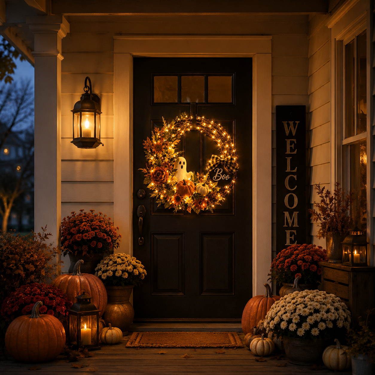Lighted Ghost & Pumpkin Halloween Wreath