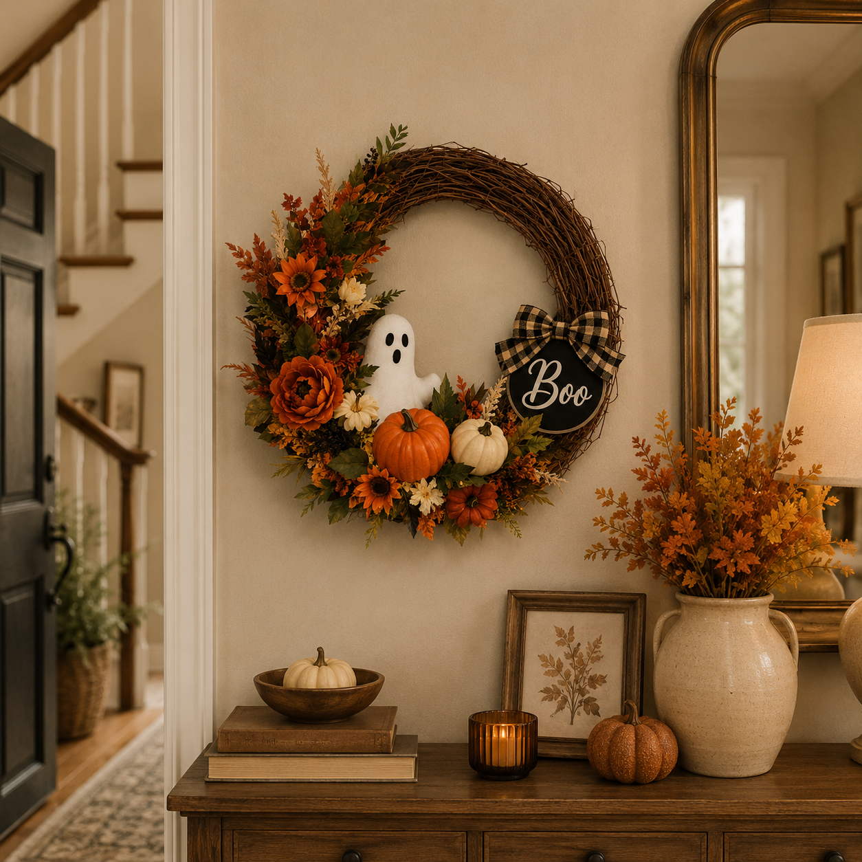 Lighted Ghost & Pumpkin Halloween Wreath