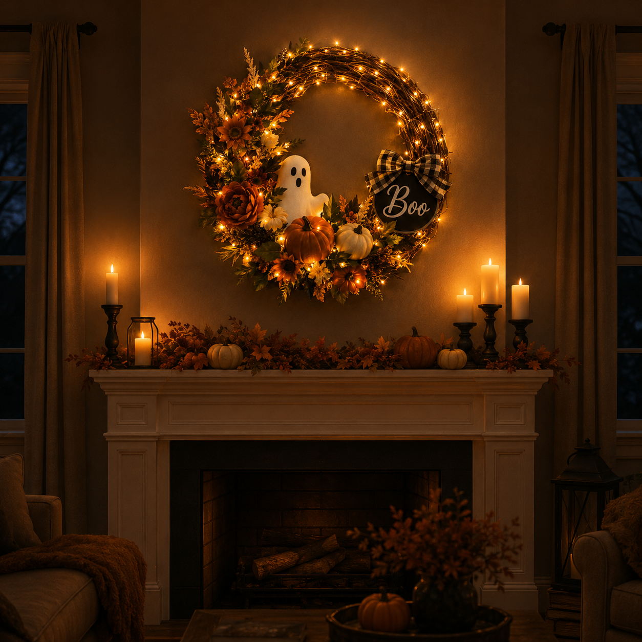 Lighted Ghost & Pumpkin Halloween Wreath
