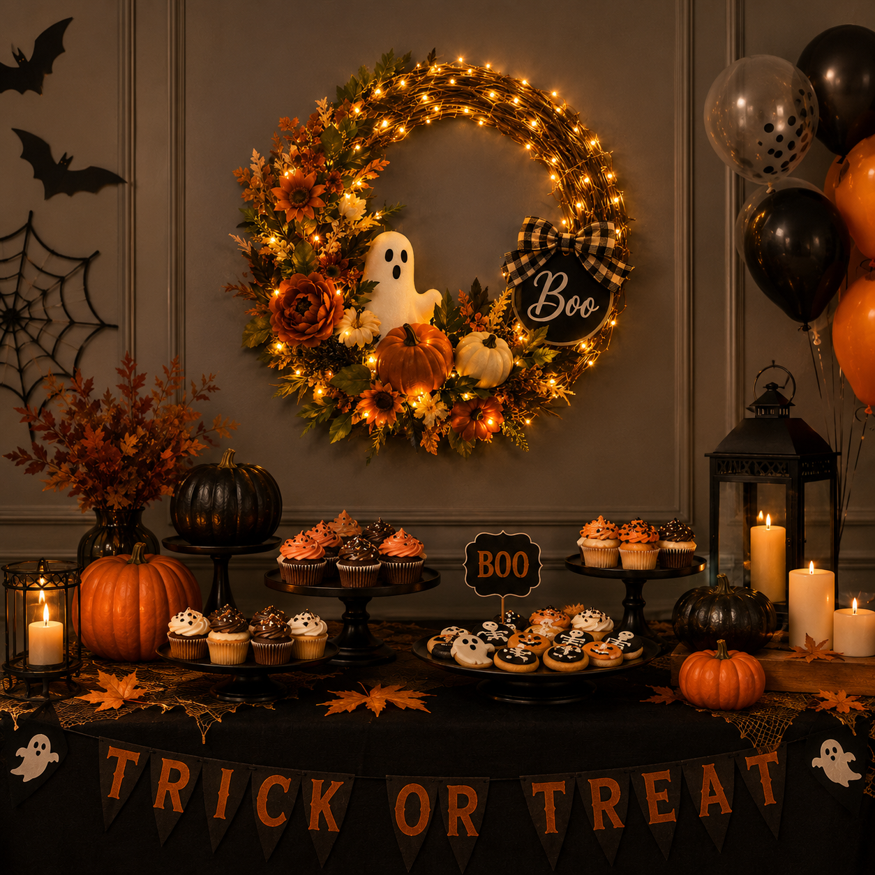 Lighted Ghost & Pumpkin Halloween Wreath