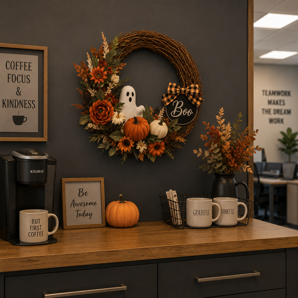 Lighted Ghost & Pumpkin Halloween Wreath