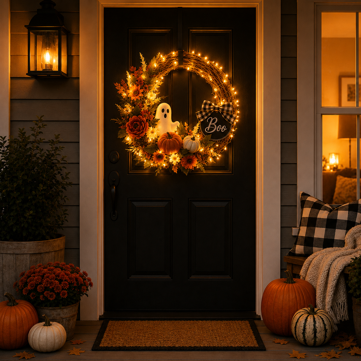 Lighted Ghost & Pumpkin Halloween Wreath